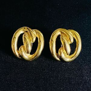Vintage JS Signed Shiny Screw Back Earrings Gold Tone Twisted Knot Abstract 4042